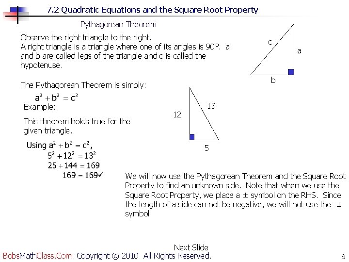 7 2 Quadratic Equations and the Square Root