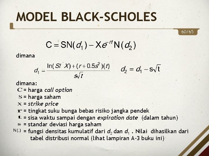 MODEL BLACK-SCHOLES 60/65 dimana: = harga call option = harga saham = strike price