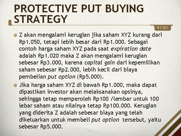 PROTECTIVE PUT BUYING STRATEGY 41/65 Z akan mengalami kerugian jika saham XYZ kurang dari