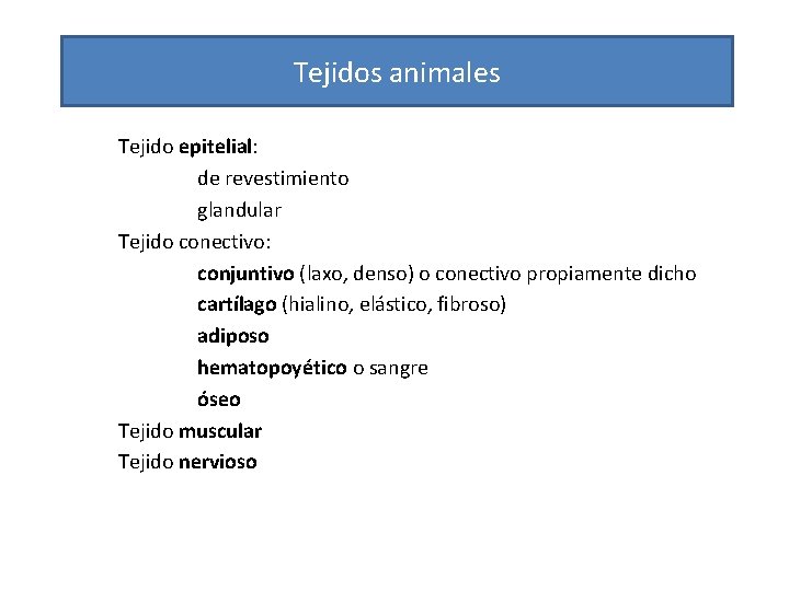 Tejidos animales Tejido epitelial: de revestimiento glandular Tejido conectivo: conjuntivo (laxo, denso) o conectivo