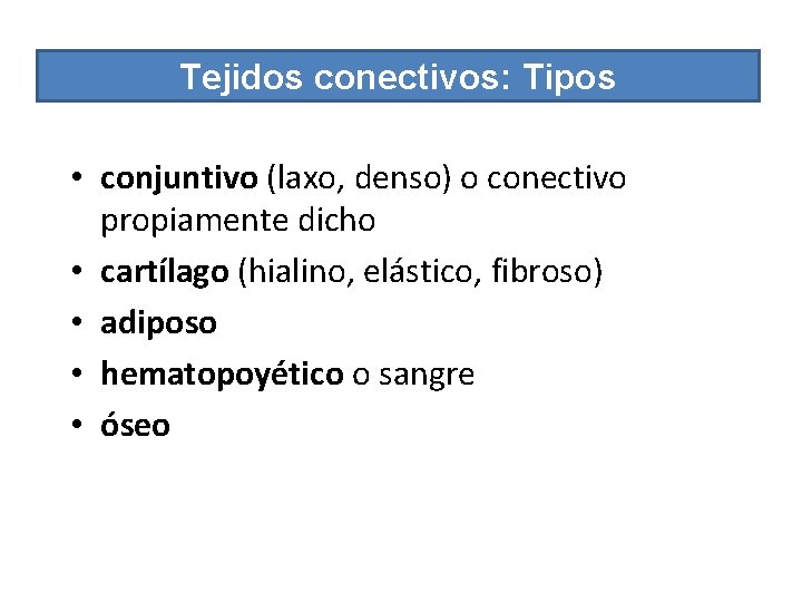 Tejidos conectivos: Tipos • conjuntivo (laxo, denso) o conectivo propiamente dicho • cartílago (hialino,