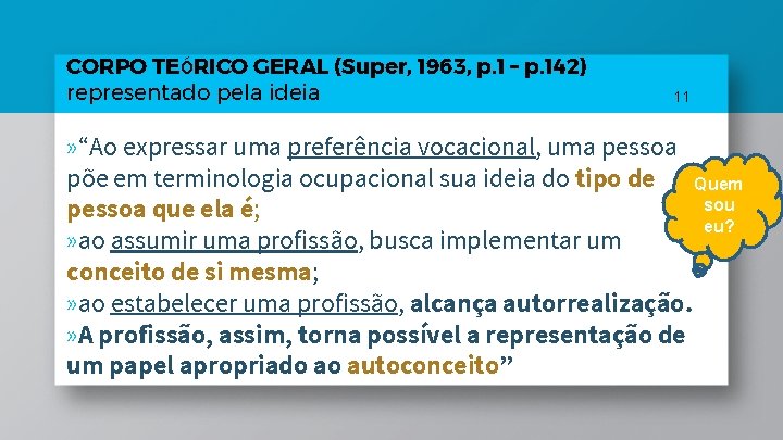 CORPO TEÓRICO GERAL (Super, 1963, p. 1 – p. 142) representado pela ideia 11 CORPO TEÓRICO GERAL (Super, 1963, p. 1 – p. 142) representado pela ideia 11