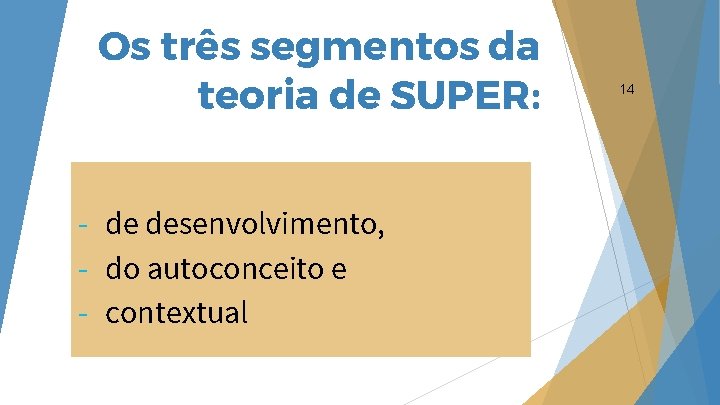 Os três segmentos da teoria de SUPER: - de desenvolvimento, - do autoconceito e Os três segmentos da teoria de SUPER: - de desenvolvimento, - do autoconceito e