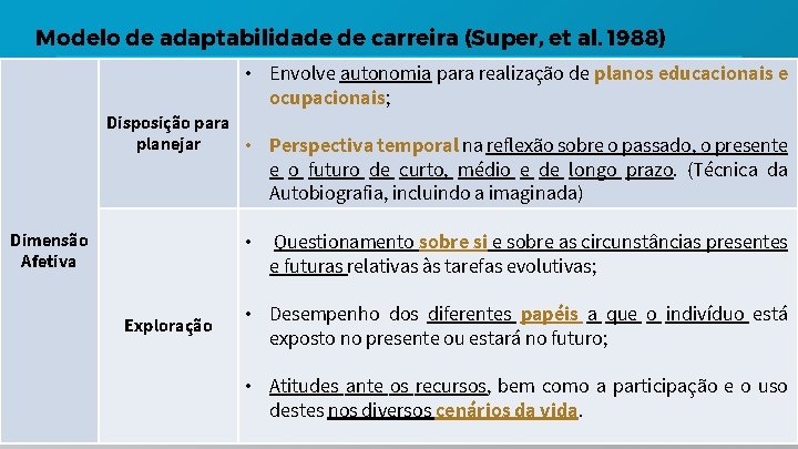 Modelo de adaptabilidade de carreira (Super, et al. 1988) • Envolve autonomia para realização Modelo de adaptabilidade de carreira (Super, et al. 1988) • Envolve autonomia para realização