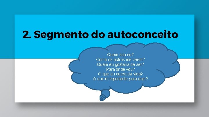 2. Segmento do autoconceito Quem sou eu? Como os outros me veem? Quem eu 2. Segmento do autoconceito Quem sou eu? Como os outros me veem? Quem eu