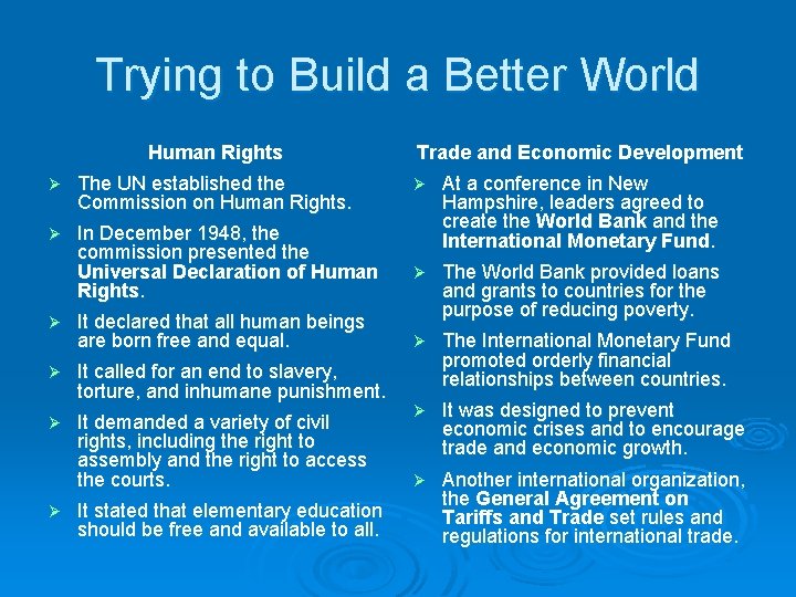 Trying to Build a Better World Human Rights Ø The UN established the Commission Trying to Build a Better World Human Rights Ø The UN established the Commission