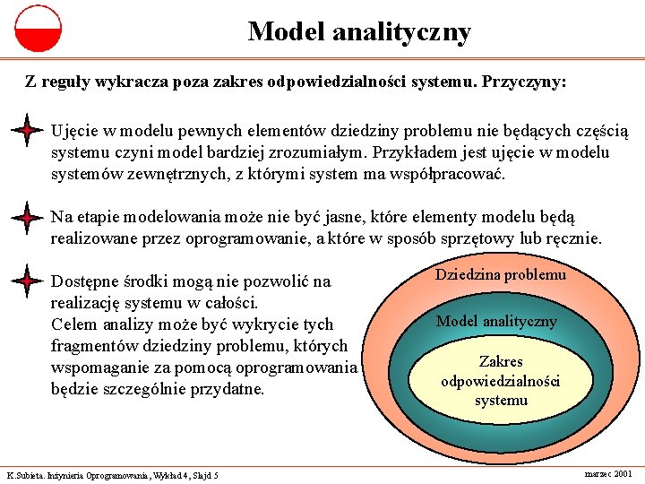 Model analityczny Z reguły wykracza poza zakres odpowiedzialności systemu. Przyczyny: Ujęcie w modelu pewnych