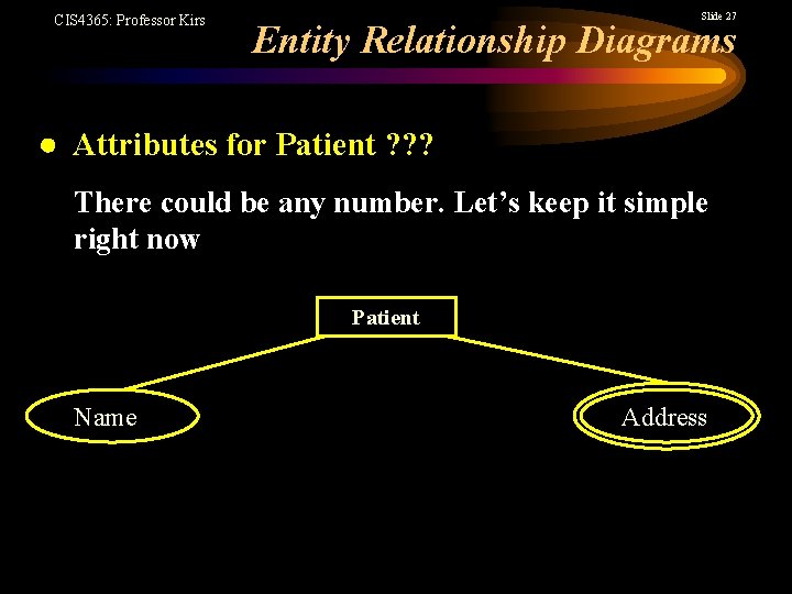 CIS 4365: Professor Kirs Slide 27 Entity Relationship Diagrams Attributes for Patient ? ?