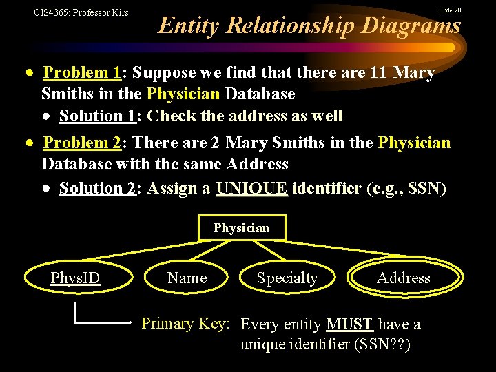 CIS 4365: Professor Kirs Slide 28 Entity Relationship Diagrams Problem 1: Suppose we find