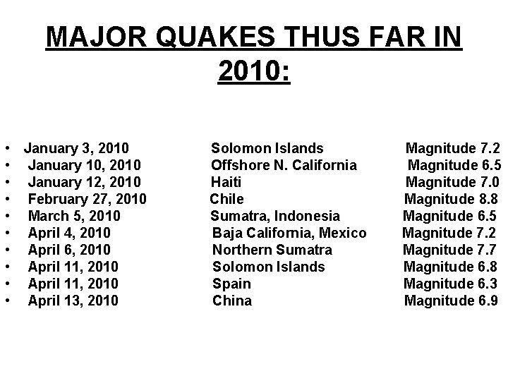 MAJOR QUAKES THUS FAR IN 2010: • January 3, 2010 • January 10, 2010