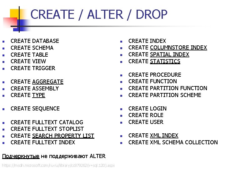 CREATE / ALTER / DROP n n n CREATE CREATE DATABASE SCHEMA TABLE VIEW