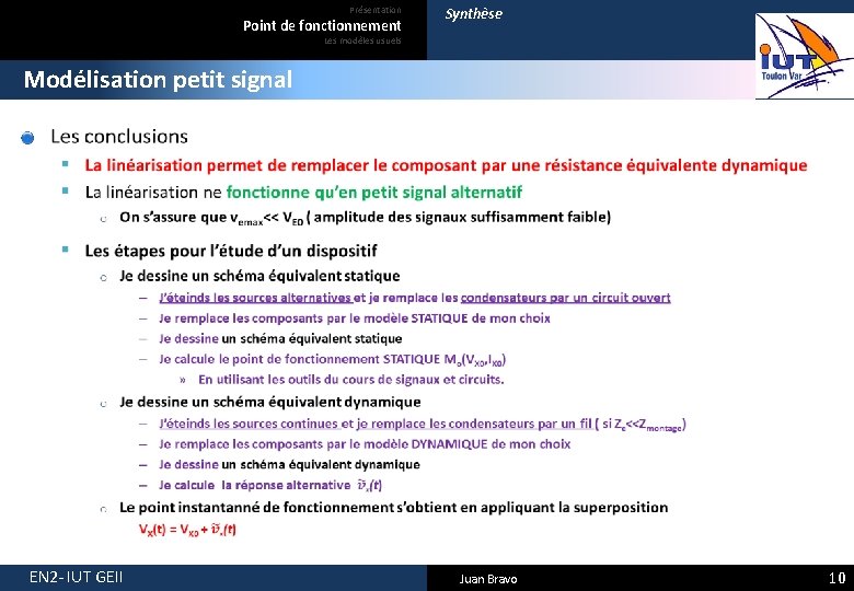 Présentation Point de fonctionnement Synthèse Les modèles usuels Modélisation petit signal EN 2 -