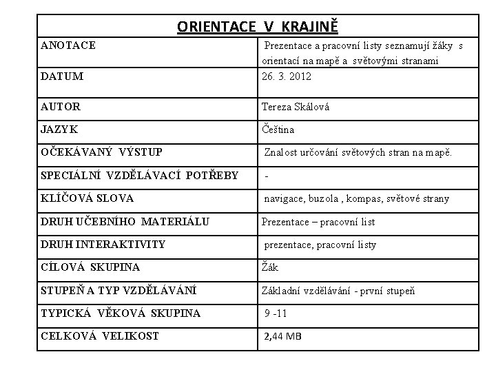 ORIENTACE V KRAJINĚ ANOTACE DATUM Prezentace a pracovní listy seznamují žáky s orientací na