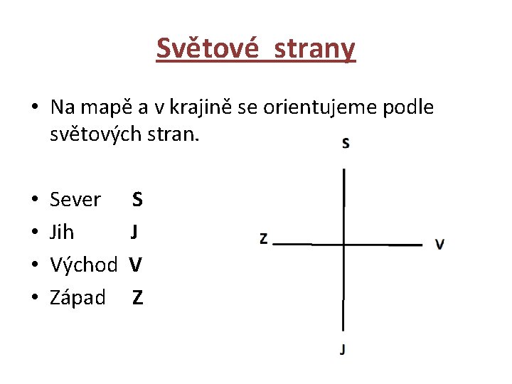 Světové strany • Na mapě a v krajině se orientujeme podle světových stran. •