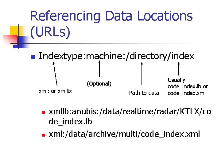 Referencing Data Locations (URLs) n Indextype: machine: /directory/index (Optional) xml: or xmllb: n n