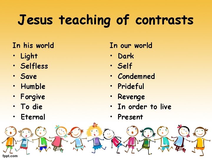 Jesus teaching of contrasts In his world In our world • • • •