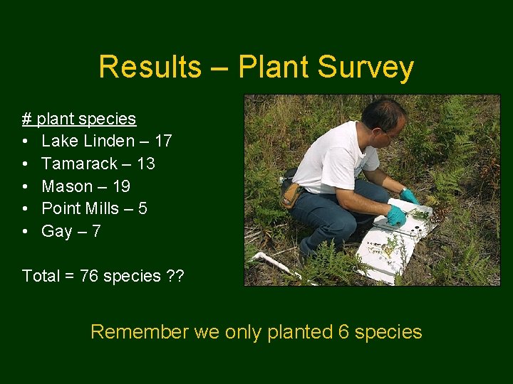 Results – Plant Survey # plant species • Lake Linden – 17 • Tamarack