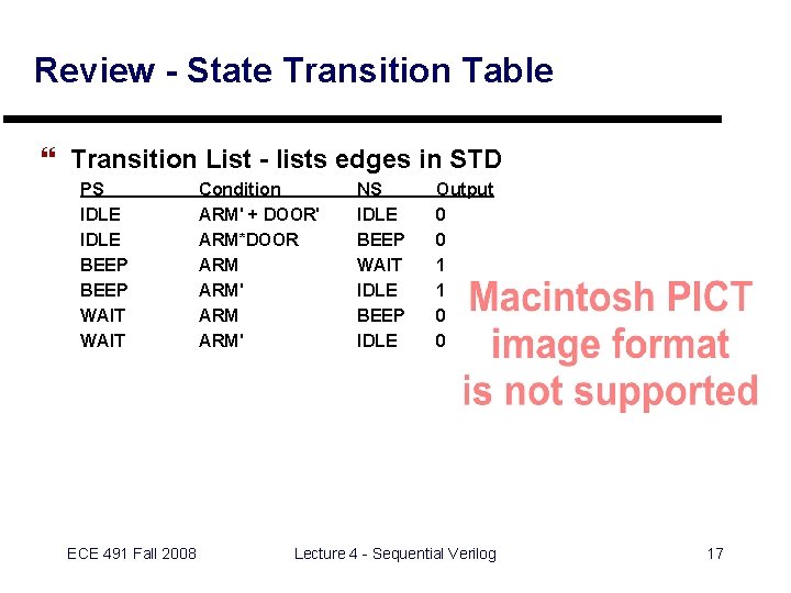 Review - State Transition Table } Transition List - lists edges in STD PS