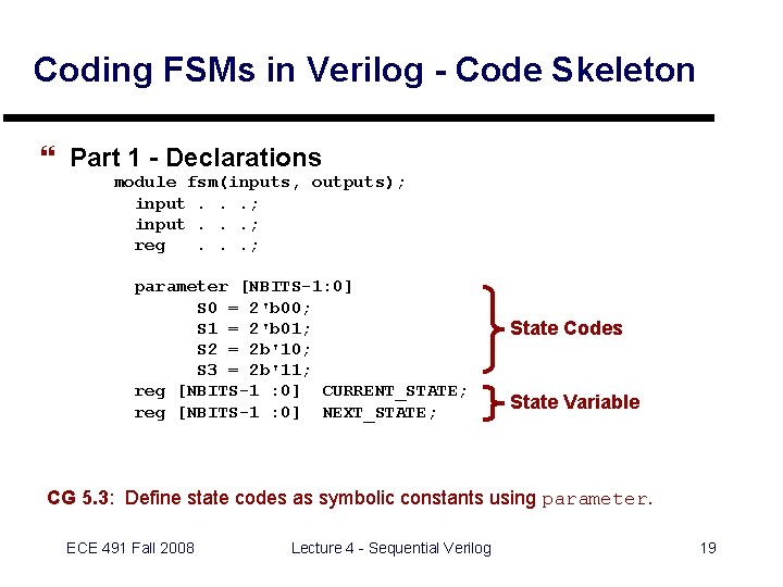 Coding FSMs in Verilog - Code Skeleton } Part 1 - Declarations module fsm(inputs,