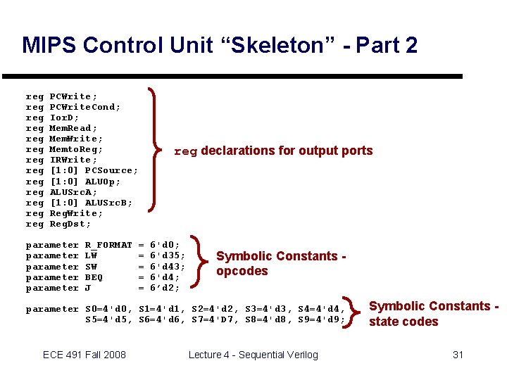 MIPS Control Unit “Skeleton” - Part 2 reg reg reg reg PCWrite; PCWrite. Cond;