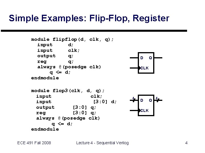 Simple Examples: Flip-Flop, Register module flipflop(d, clk, q); input d; input clk; output q;