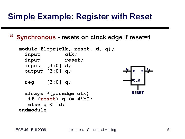 Simple Example: Register with Reset } Synchronous - resets on clock edge if reset=1