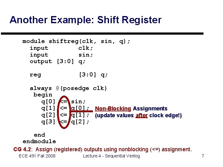 Another Example: Shift Register module shiftreg(clk, sin, q); input clk; input sin; output [3: