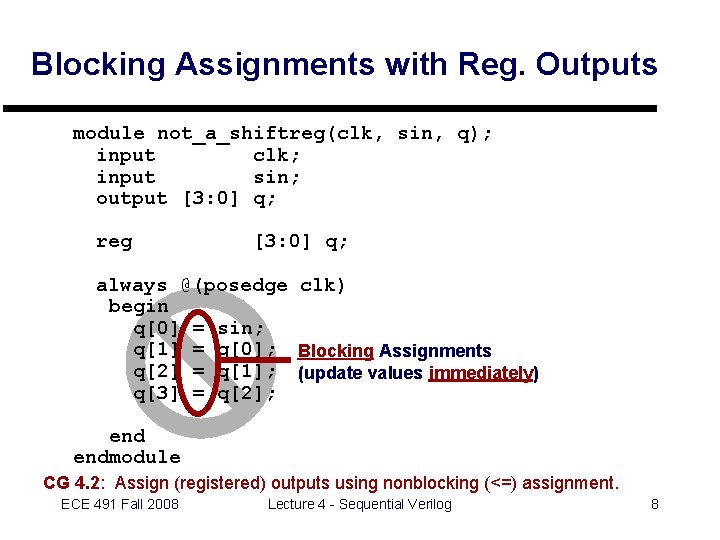 Blocking Assignments with Reg. Outputs module not_a_shiftreg(clk, sin, q); input clk; input sin; output