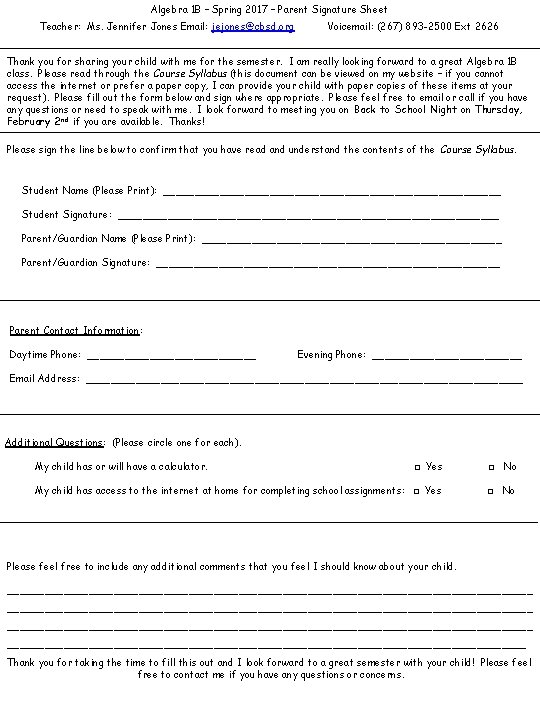 Algebra 1 B – Spring 2017 – Parent Signature Sheet Teacher: Ms. Jennifer Jones