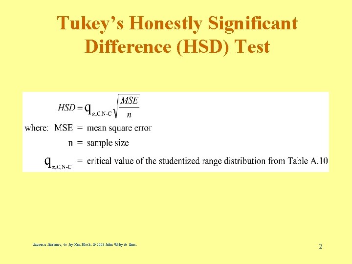 Tukey’s Honestly Significant Difference (HSD) Test Business Statistics, 4 e, by Ken Black. ©