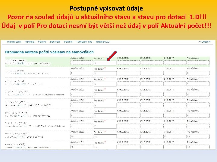 Postupně vpisovat údaje Pozor na soulad údajů u aktuálního stavu a stavu pro dotaci