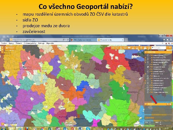 - Co všechno Geoportál nabízí? mapu rozdělení územních obvodů ZO ČSV dle katastrů sídla