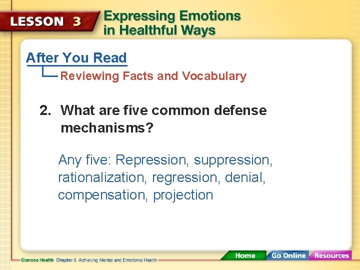 After You Read Reviewing Facts and Vocabulary 2. What are five common defense mechanisms?