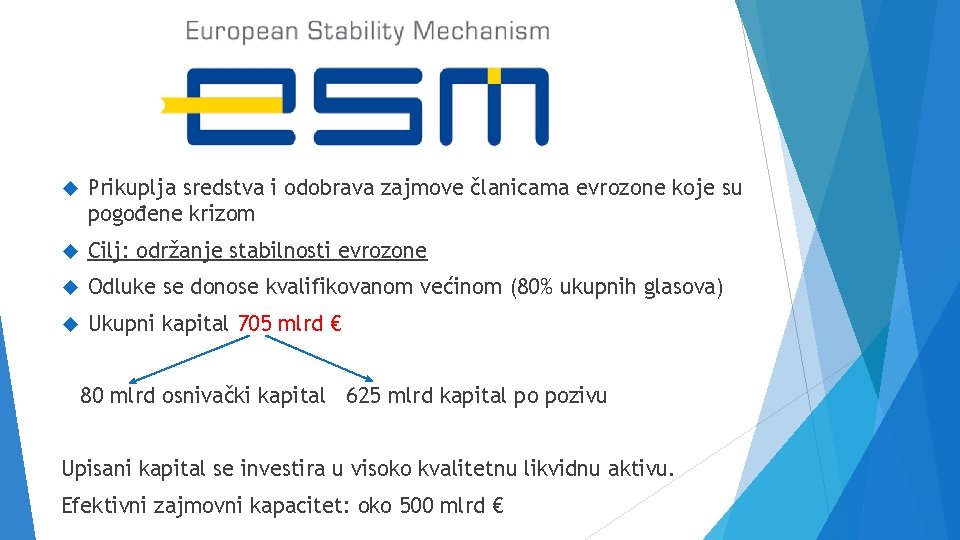  Prikuplja sredstva i odobrava zajmove članicama evrozone koje su pogođene krizom Cilj: održanje