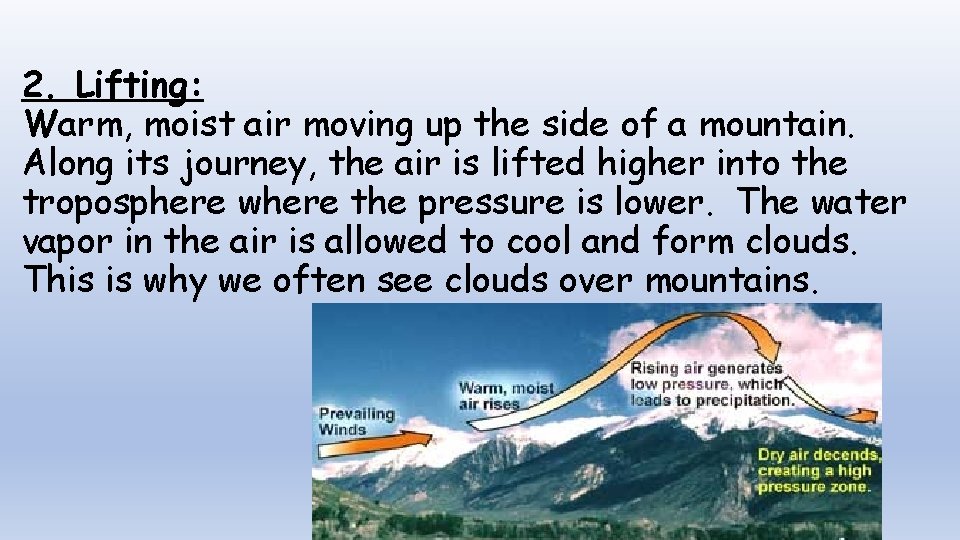 2. Lifting: Warm, moist air moving up the side of a mountain. Along its
