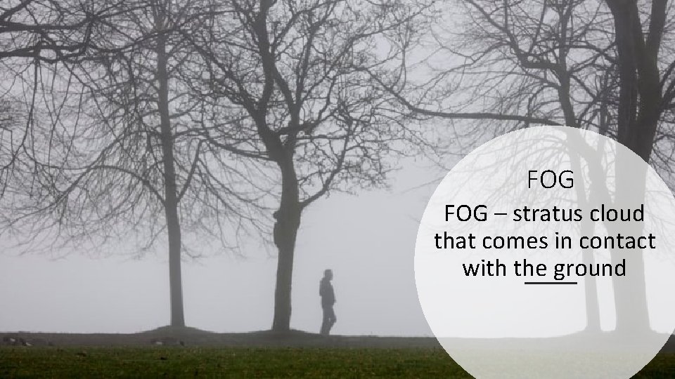 FOG – stratus cloud that comes in contact with the ground 