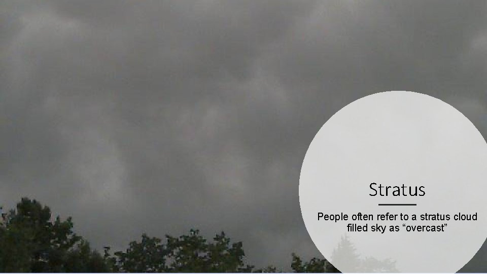 Stratus People often refer to a stratus cloud filled sky as “overcast” 