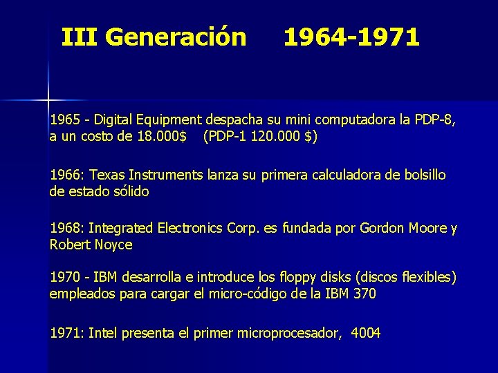 III Generación 1964 -1971 1965 - Digital Equipment despacha su mini computadora la PDP-8,