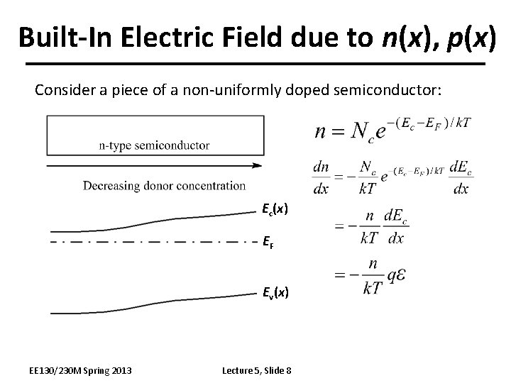 Built-In Electric Field due to n(x), p(x) Consider a piece of a non-uniformly doped