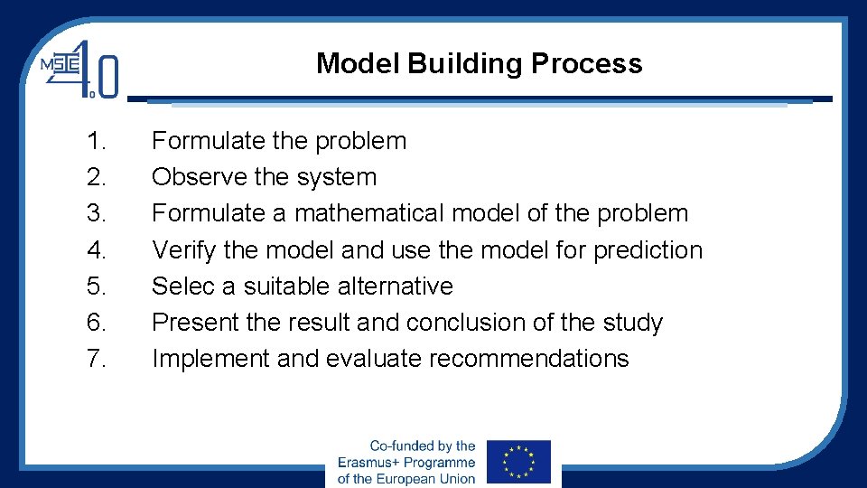 Model Building Process 1. 2. 3. 4. 5. 6. 7. Formulate the problem Observe