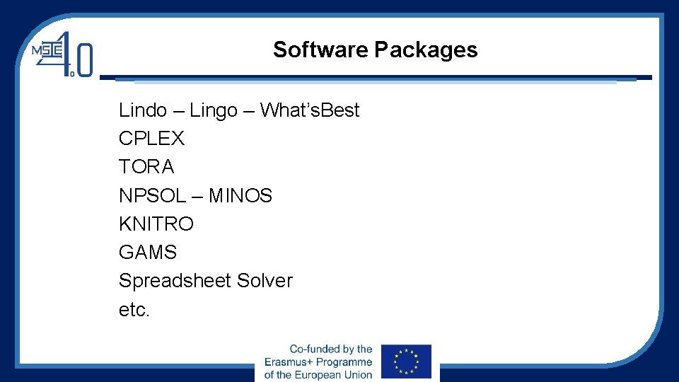 Software Packages Lindo – Lingo – What’s. Best CPLEX TORA NPSOL – MINOS KNITRO