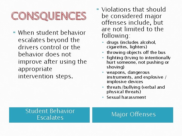 CONSQUENCES When student behavior escalates beyond the drivers control or the behavior does not
