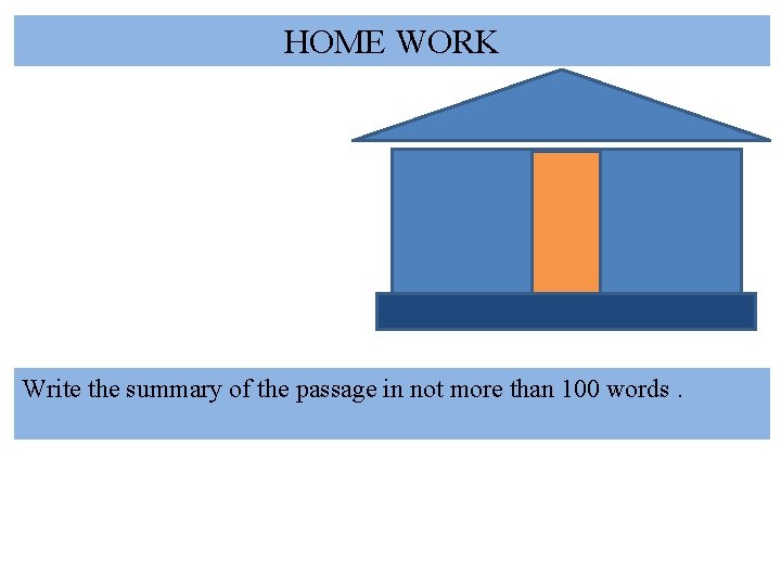 HOME WORK Write the summary of the passage in not more than 100 words. HOME WORK Write the summary of the passage in not more than 100 words.
