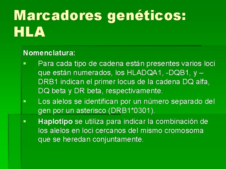 Marcadores genéticos: HLA Nomenclatura: § Para cada tipo de cadena están presentes varios loci
