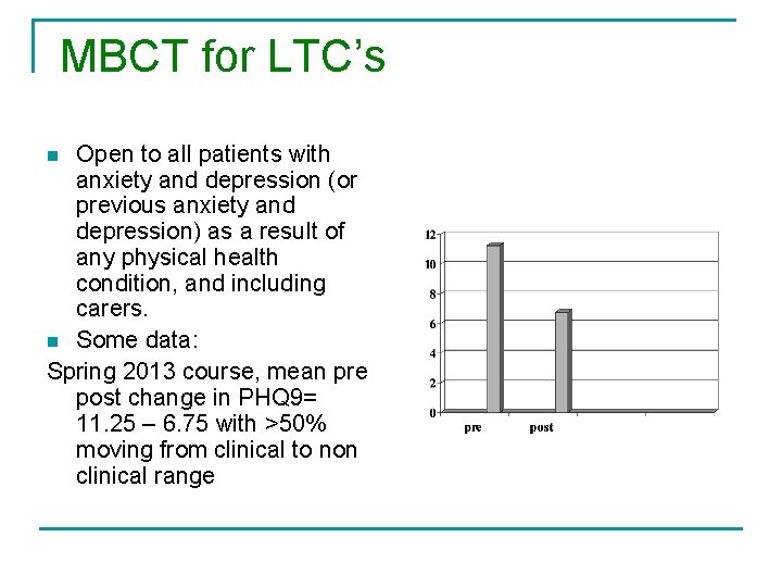 MBCT for LTC’s Open to all patients with anxiety and depression (or previous anxiety