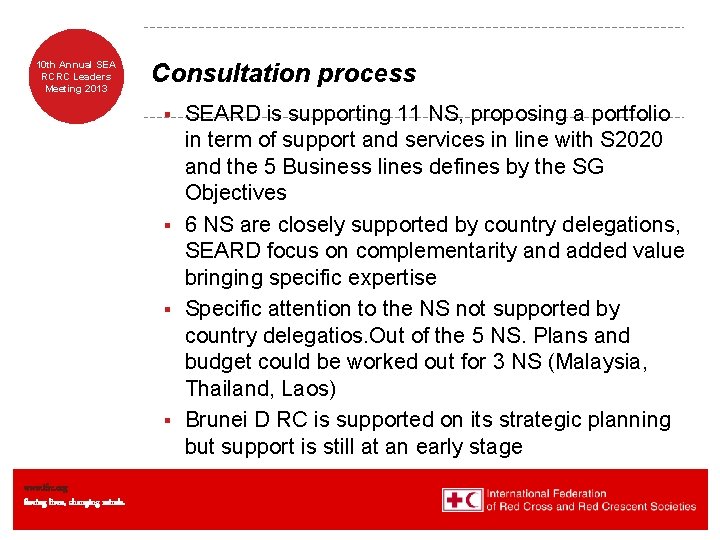 10 th Annual SEA RCRC Leaders Meeting 2013 Consultation process SEARD is supporting 11