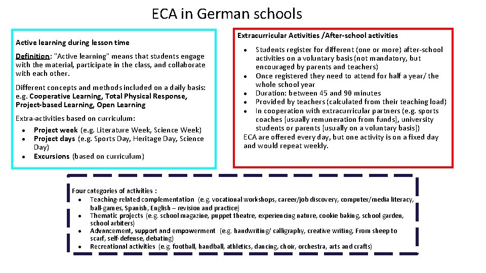 ECA in German schools Active learning during lesson time Definition: "Active learning" means that ECA in German schools Active learning during lesson time Definition: "Active learning" means that