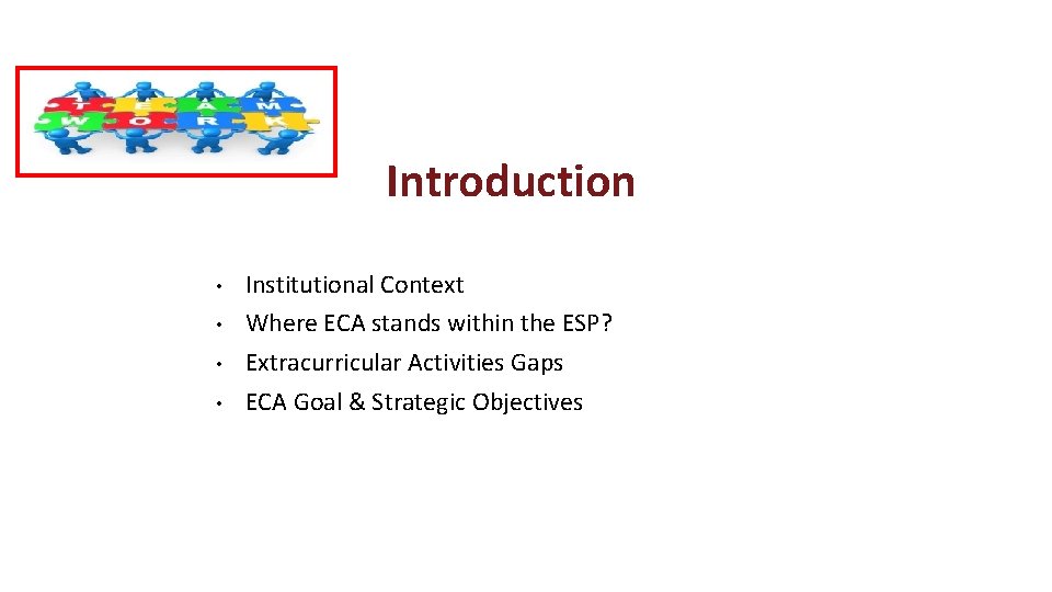 Introduction • • Institutional Context Where ECA stands within the ESP? Extracurricular Activities Gaps