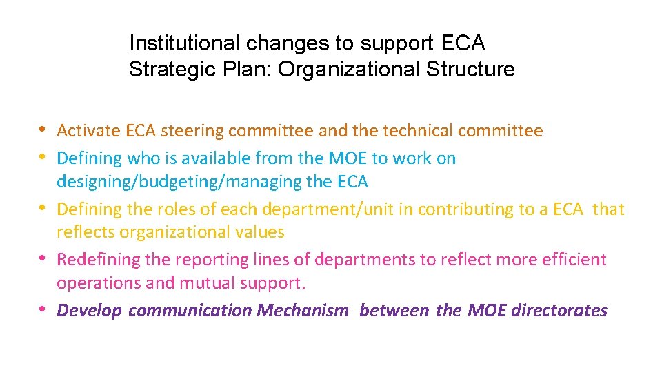 Institutional changes to support ECA Strategic Plan: Organizational Structure • Activate ECA steering committee