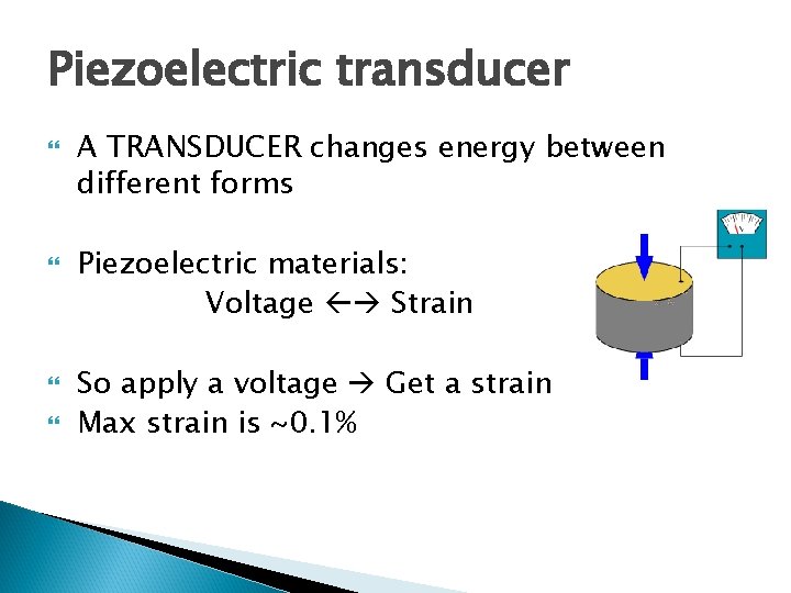 Piezoelectric transducer A TRANSDUCER changes energy between different forms Piezoelectric materials: Voltage Strain So